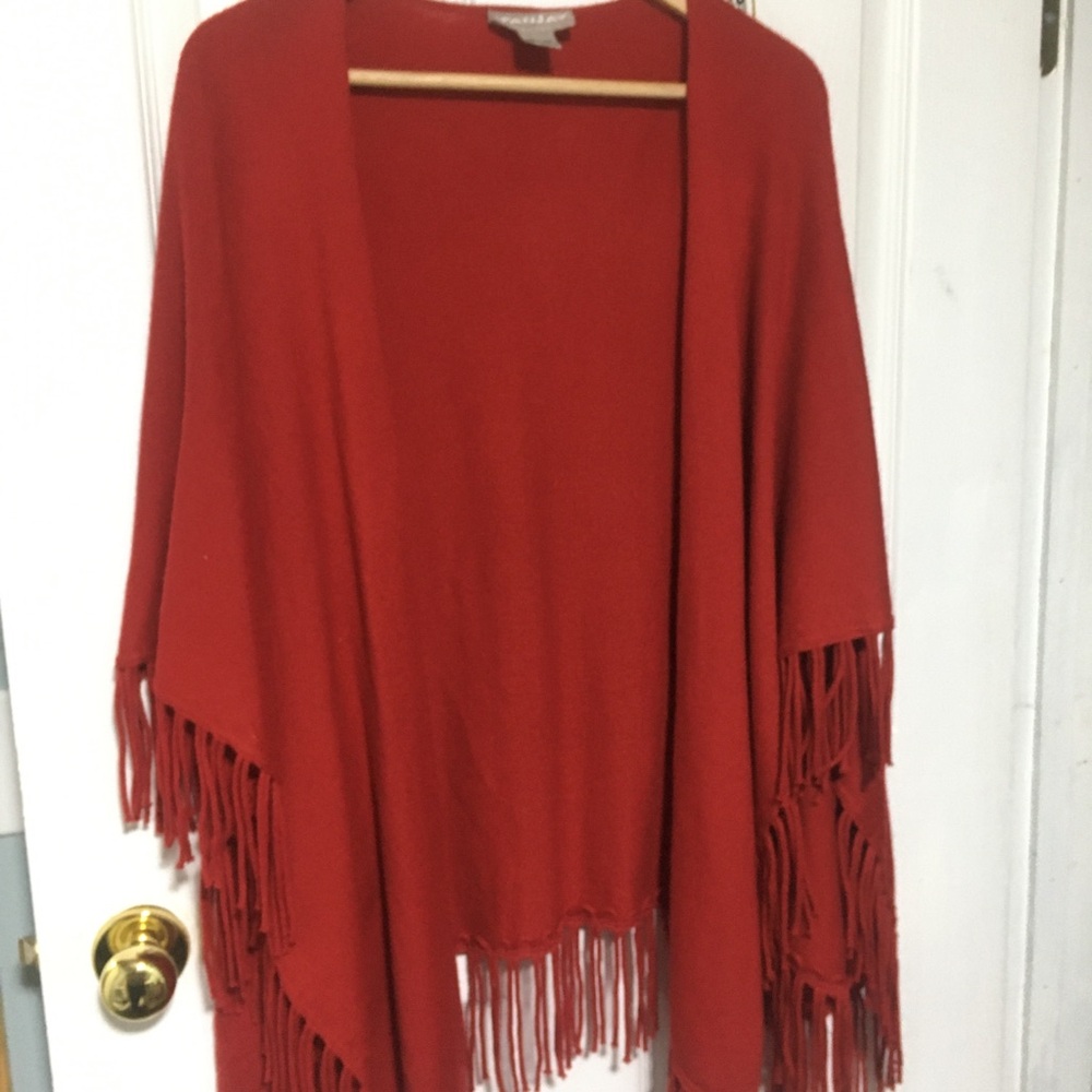 Classic Red Fringe Open-Front Sweater Wrap